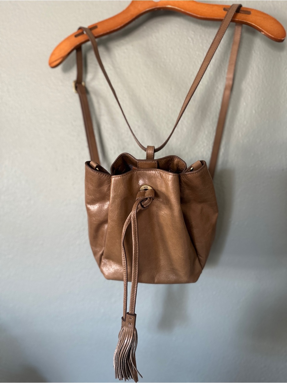 HOBO Puck Convertible Bronze Leather Drawstring Bucket Backpack